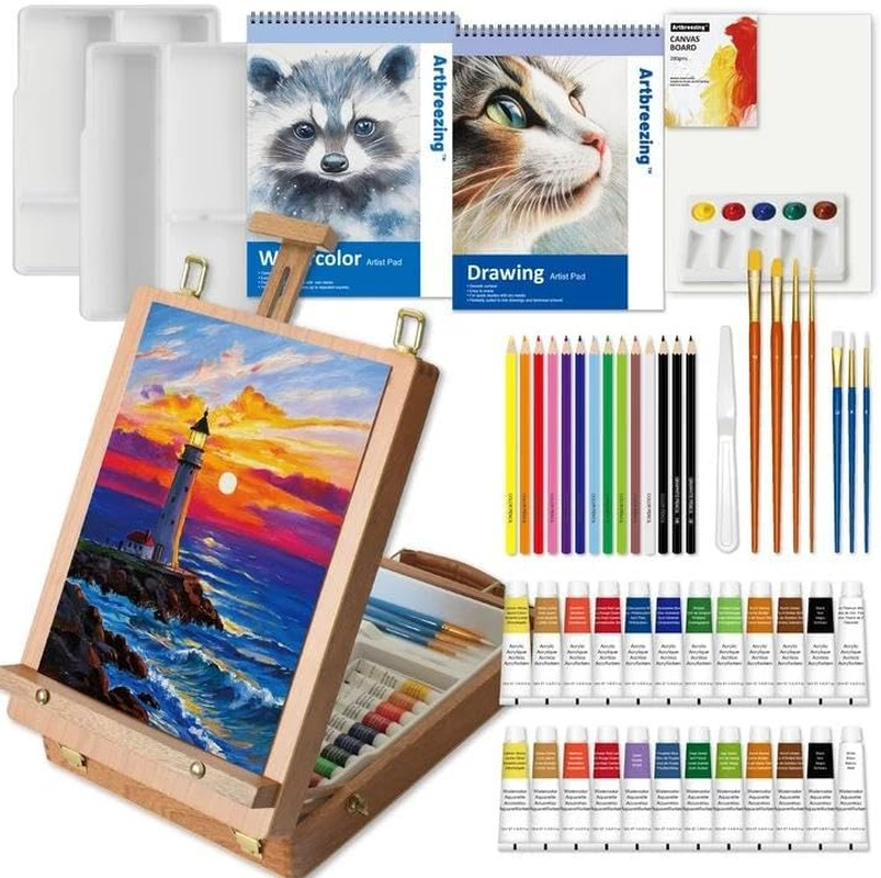 Mixed Media Art Set,55 Pack Painting Supplies Kit with Tabletop Sketch Box Easel