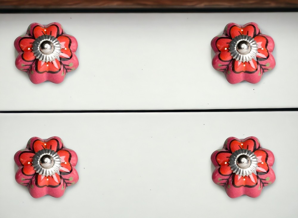 Set of Eight Red Pink And Green Floral Ceramic Drawer Pull Knobs