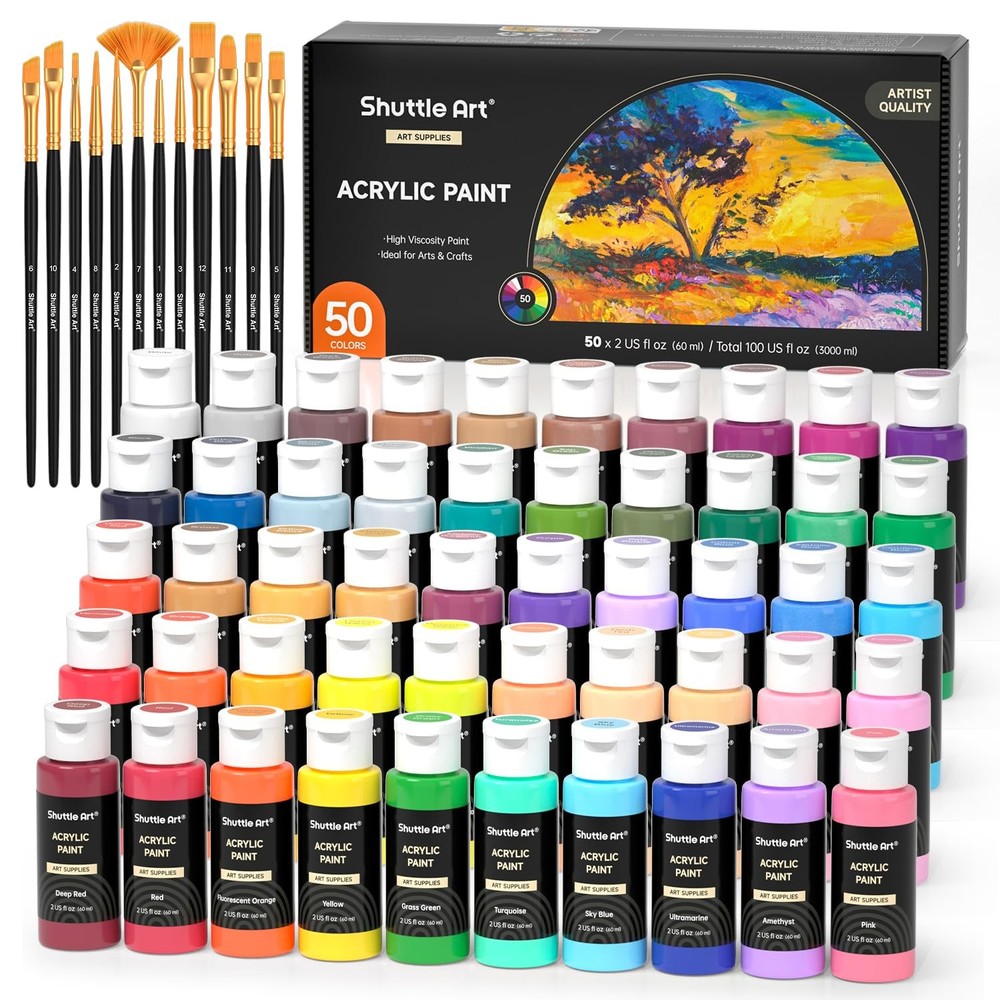 Shuttle Art Acrylic Paint, 50 Colors Acrylic Paint Set, 2oz/60ml Bottles, Rich