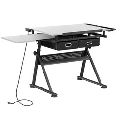 Drafting Table with Wooden Tabletop and Steel Frame Adjustable Height White