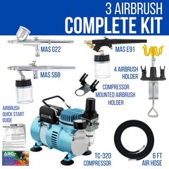 3 Master Airbrush Air Compressor Holder Kit, Hobby, Auto, Cake, Tattoo Art Paint