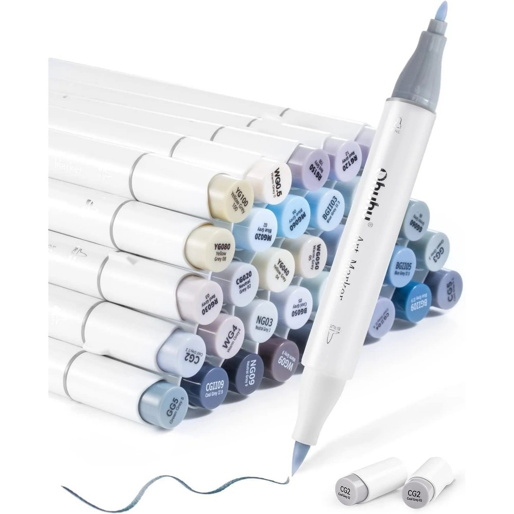 Ohuhu Alcohol Markers Brush Tip 36 Grayscale Colors w/ 1 Blender – Fine & Brush
