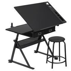 Drafting Desk Drawing Table 9 Levels Adjustable angle w/ Stool Arts Crafts Black