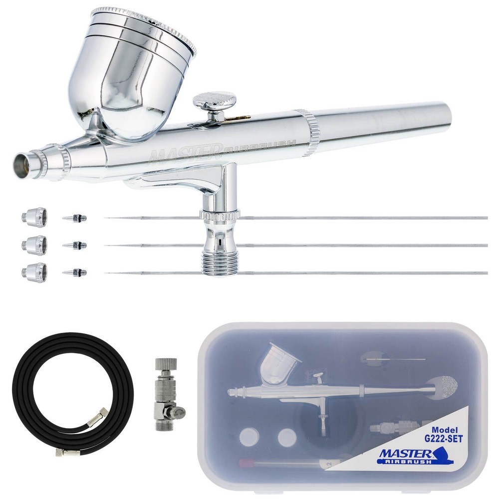 Master Airbrush G222 Pro Set, Gravity Feed, 3 Tip Kit 0.2, 0.3, 0.5mm, Air Hose