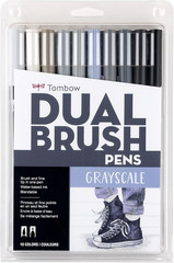 56171 Dual Brush Pen Art Markers, Grayscale, 10-Pack. Blendable, Brush and Fine