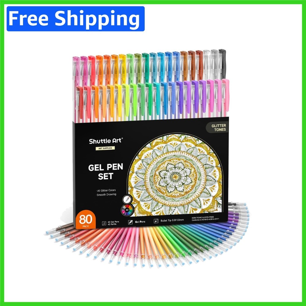 40-Color Glitter Gel Pens Set: 80 Pack with Refills for Adult Coloring & Crafts