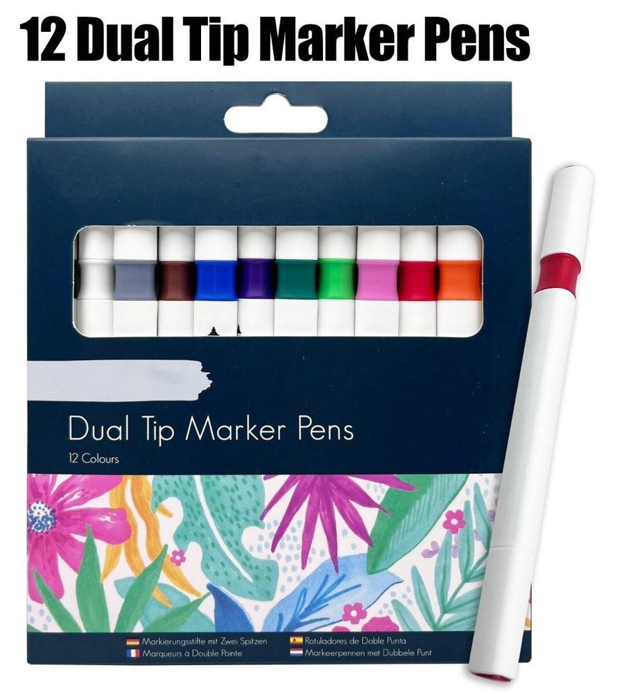 12pcs Dual Tip Double Ended Felt Tipped Pens Fine/Thin Thick Duel Colouring Set