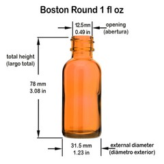 1 OZ 30ML AMBER BOSTON ROUND GLASS BOTTLES WITH CLOSED CONED CAPS 12 24 72 144