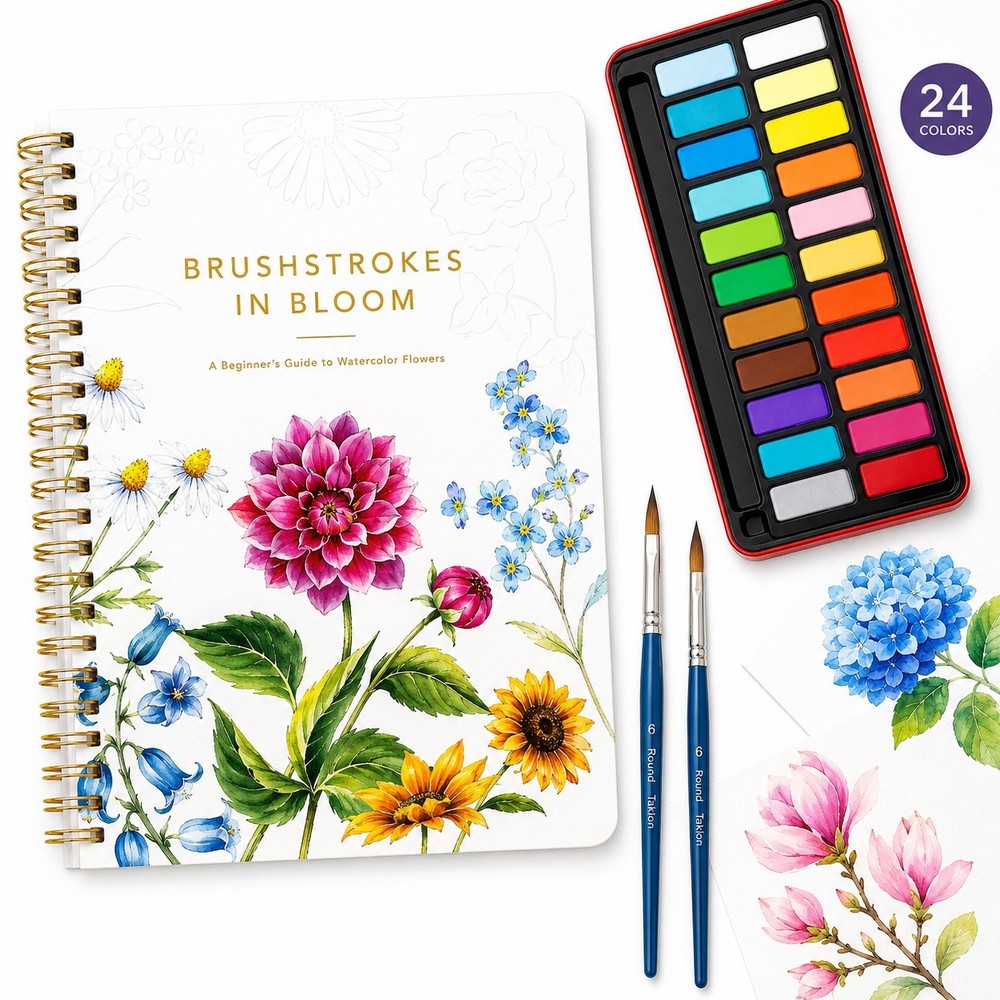 Watercolor Workbook With 24 Colors Paint Set 12 Floral Paintings for Beginners