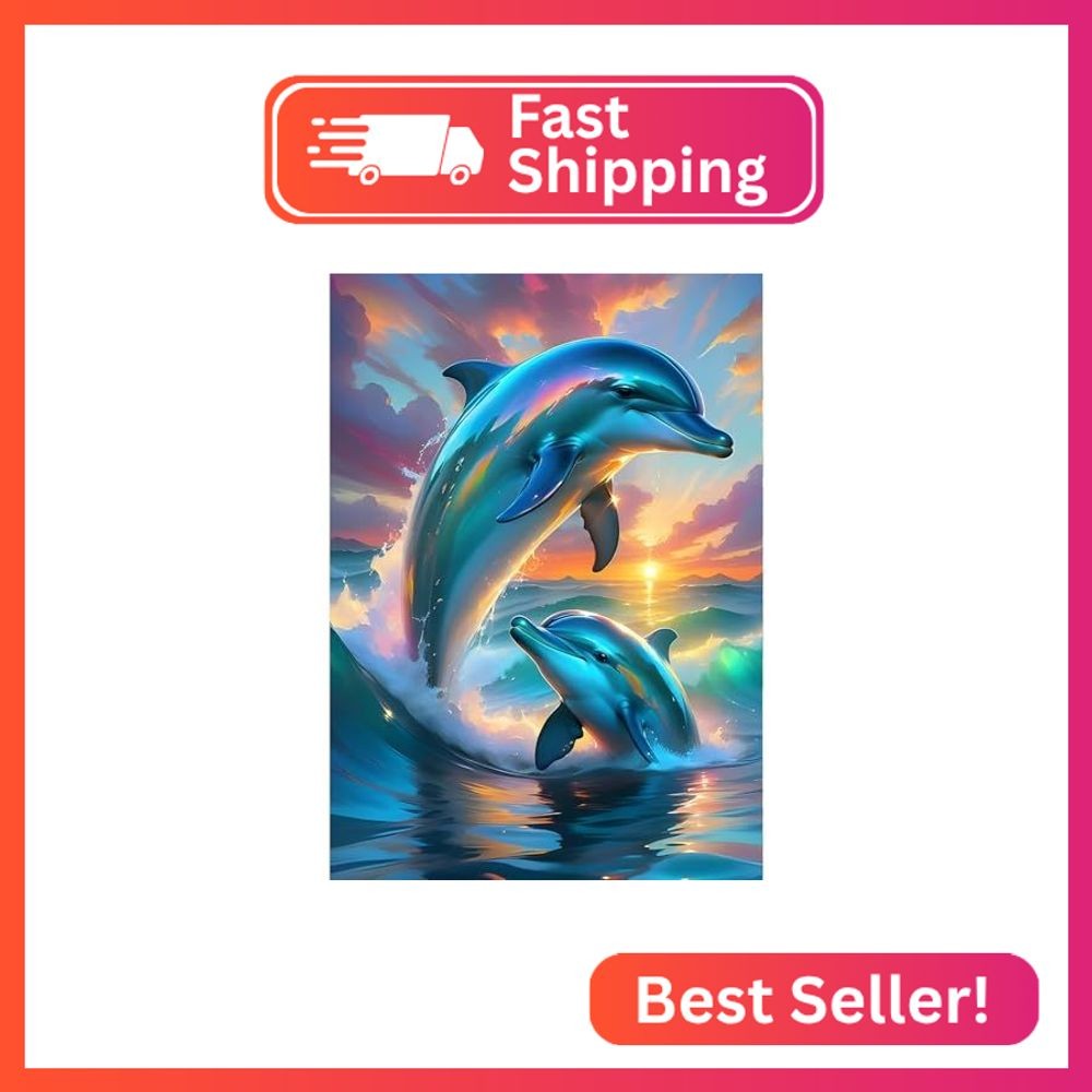 QINRUBB DIY Dolphins Diamond Painting Kits, Full Drill Sunset Diamond Art Painti