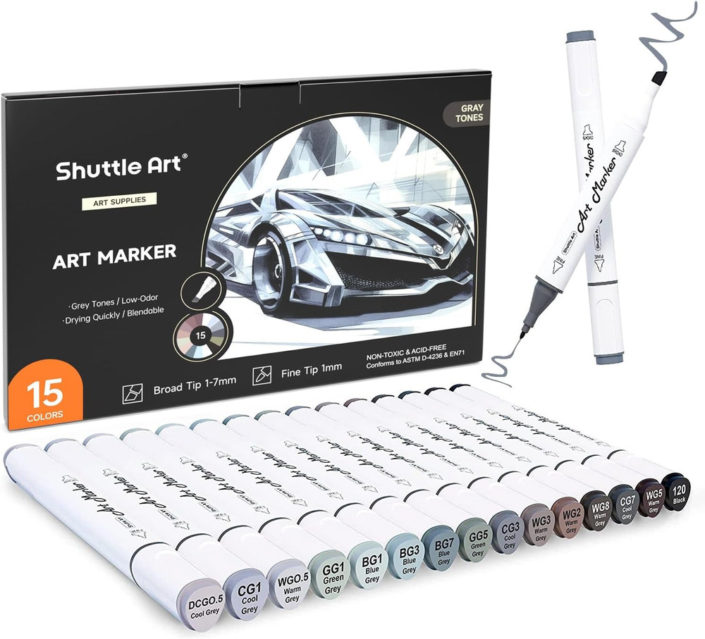 Shuttle Art 15 Colors Grey Tones Dual Tip Art Marker, Alcohol Based Marker Pens