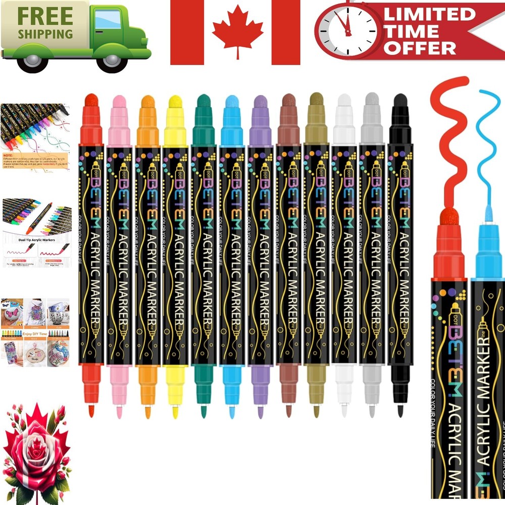 Versatile 12-Color Dual Tip Acrylic Paint Markers – Perfect for All Surfaces