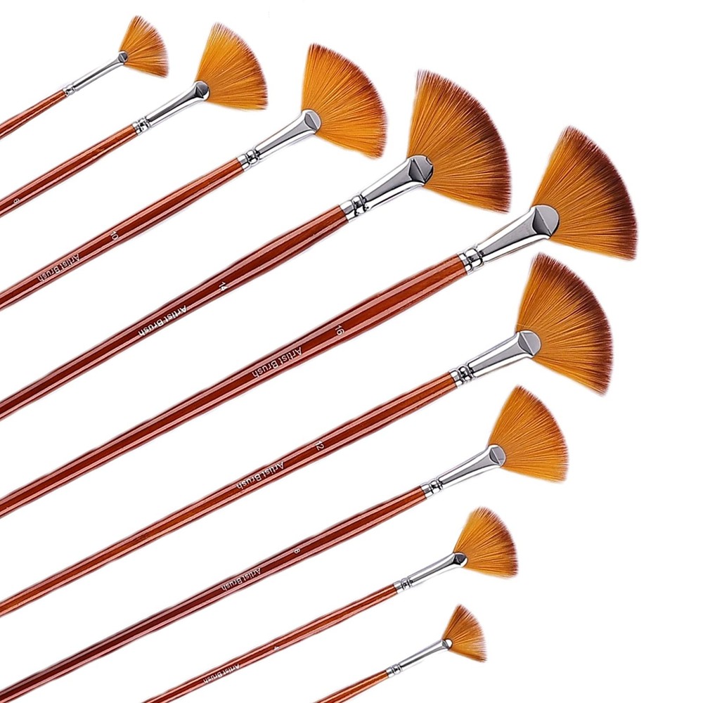 GACDR Fan Paint Brush Set of 9 Pcs, Professional Artist 11 inches, Brown