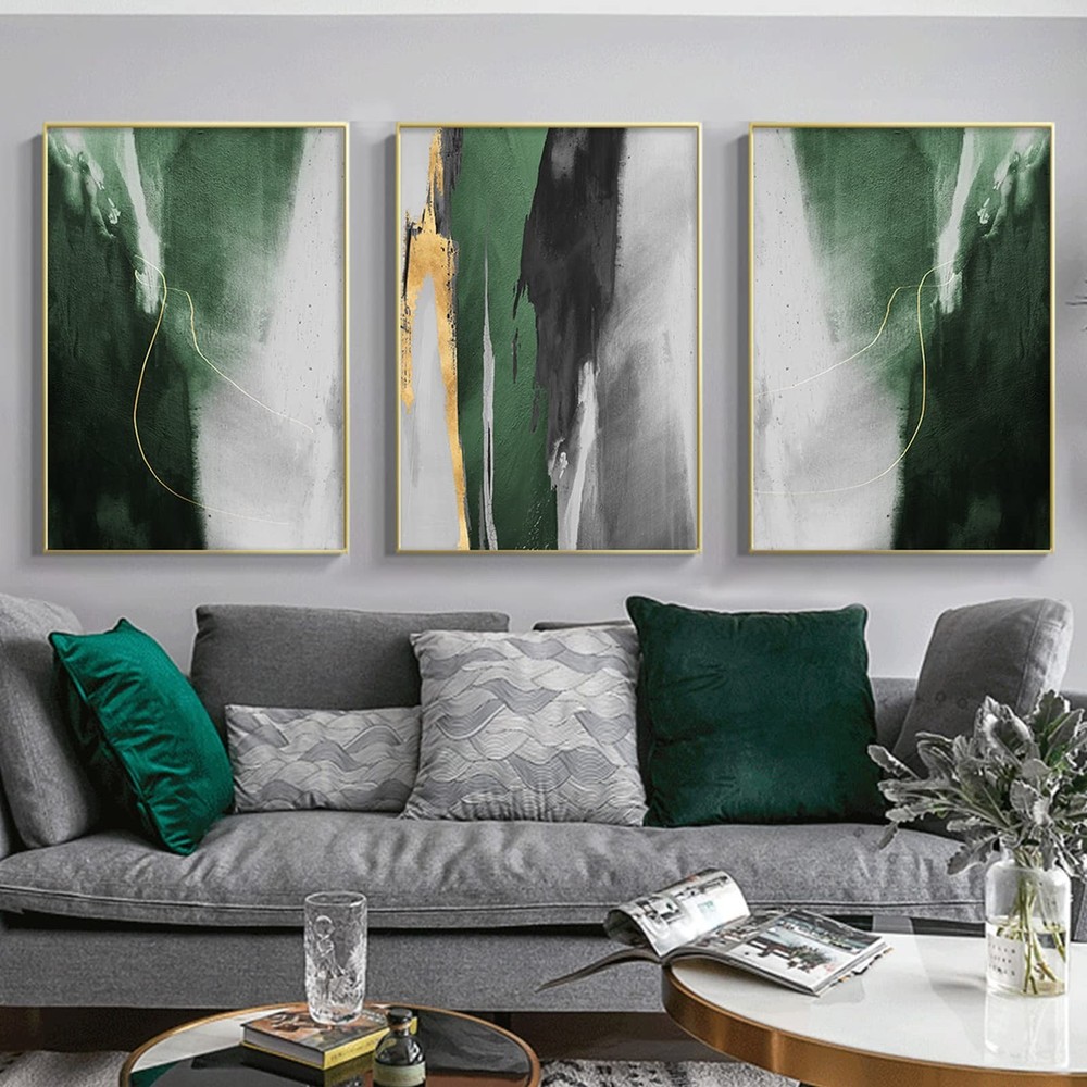 Green Grey and Gold Abstract Wall Art Prints Modern Dark Green Abstract Canva…