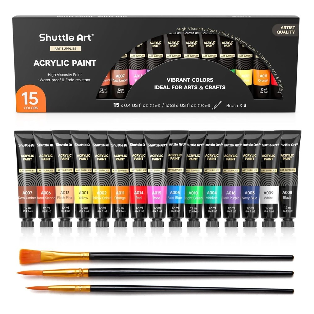 Shuttle Art Acrylic Paint Set, 15 x 12ml Tubes Artist Quality Non Toxic Rich Pig