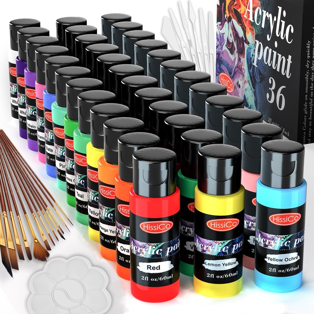 36 Color Acrylic Paint Set 2oz Bottles w Brushes Non Toxic Art Craft Kit