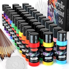 36 Color Acrylic Paint Set 2oz Bottles w Brushes Non Toxic Art Craft Kit