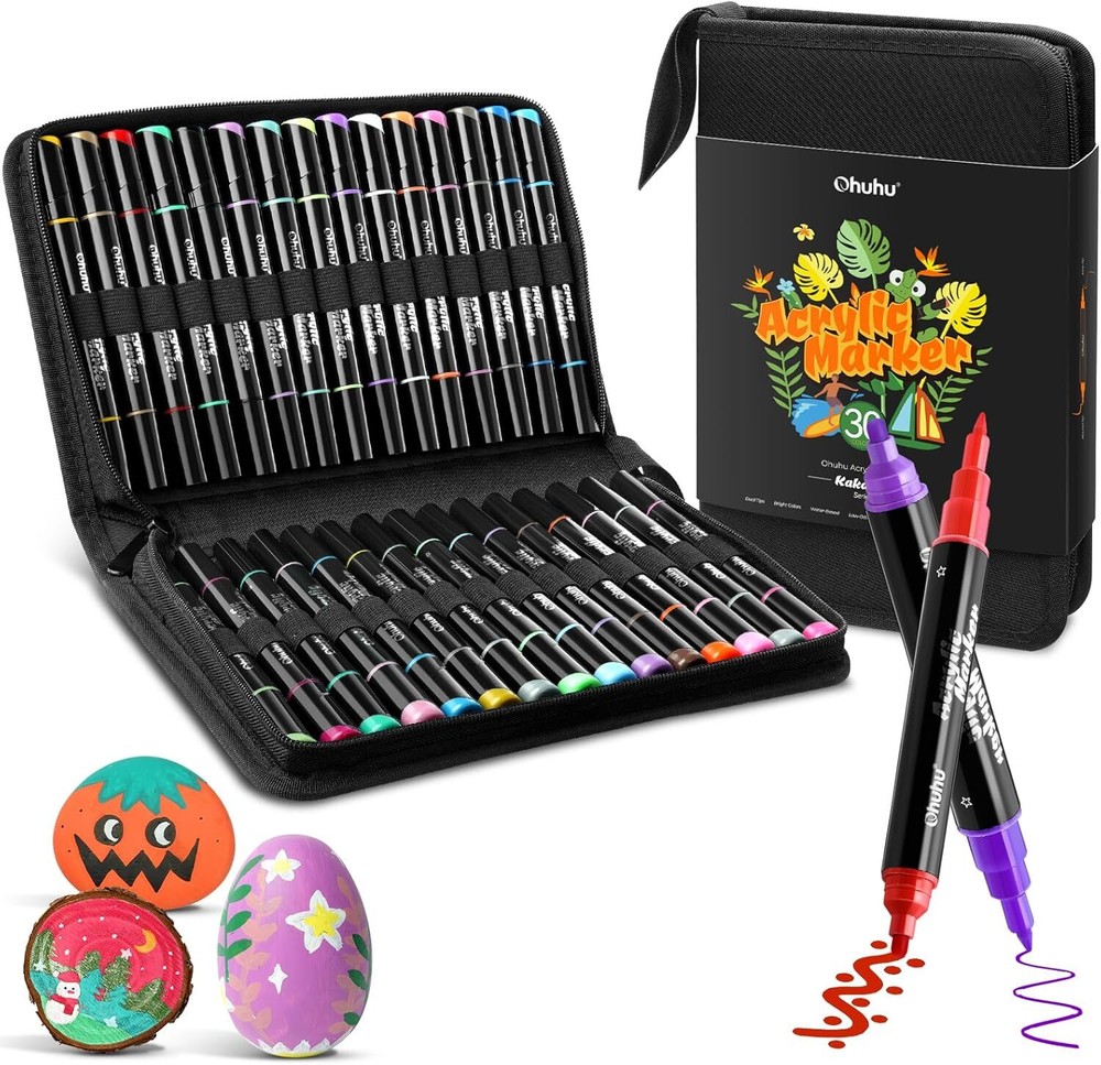 Ohuhu Acrylic Paint Pens 30 Colors Dual Tips (Round & Fine) High Opacity Paint