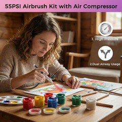 Airbrush Kit 55 PSI Air Compressor 0.5mm Nozzle Dual Airflow Black Switchable