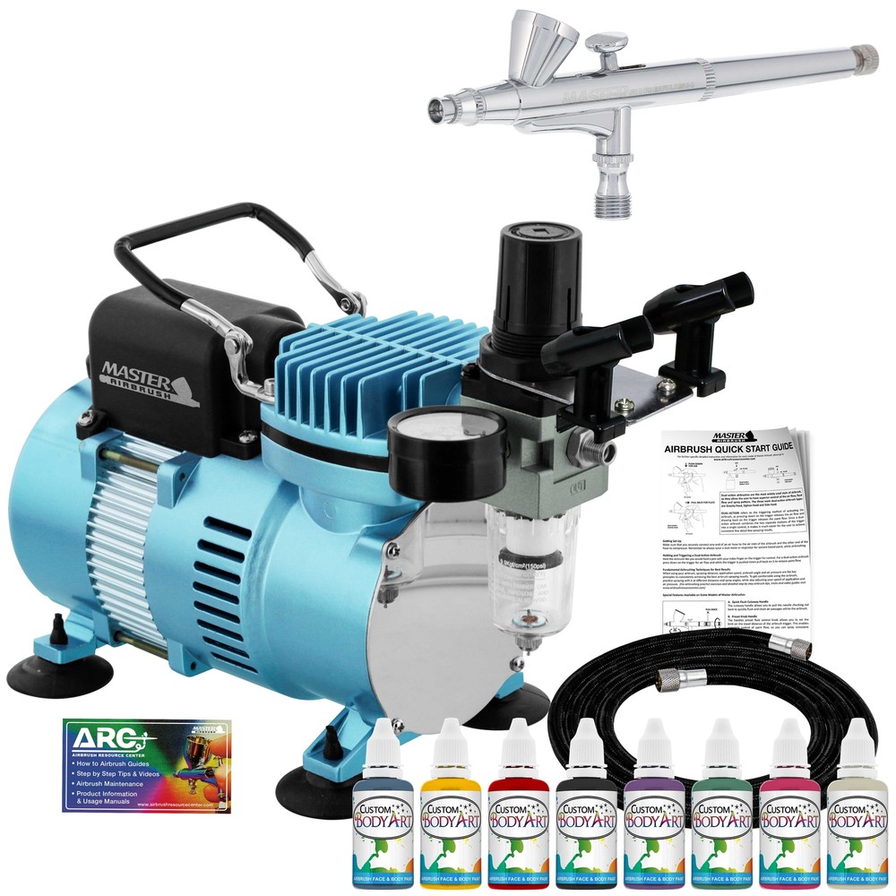 Master Airbrush Air Compressor Kit, 8 Color Face and Body Art Tattoo Paint Set