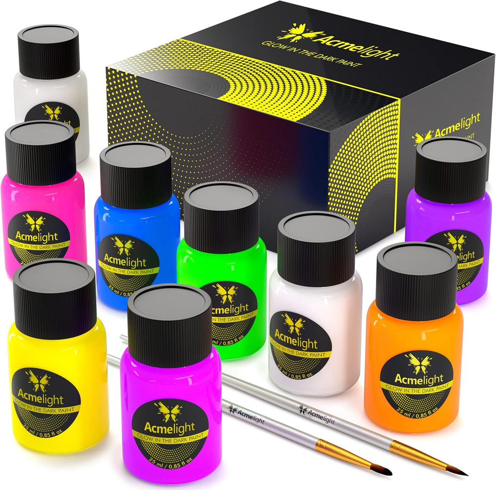 Glow in the Dark Acrylic Paint Set – 9 Neon Fluorescent Colors for Canvas, Wood