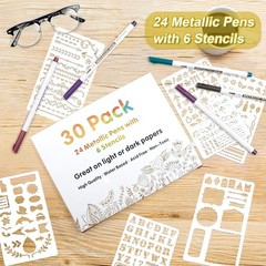 30 Assorted Fine Tip Metallic Markers – 24 Colors & Stencils for Craft Mastery