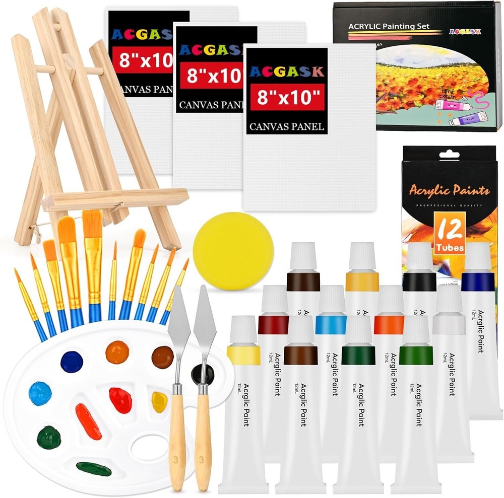 30 Pcs Art Painting Supplies Painting Kits- Acrylic Paint Canvas Easel Set