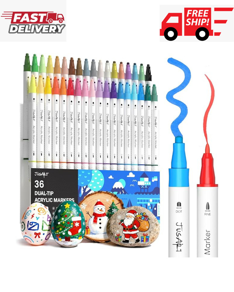 JusArt 36 Colors Acrylic Paint Markers, Dual Tip Coloring Markers with Dot and F