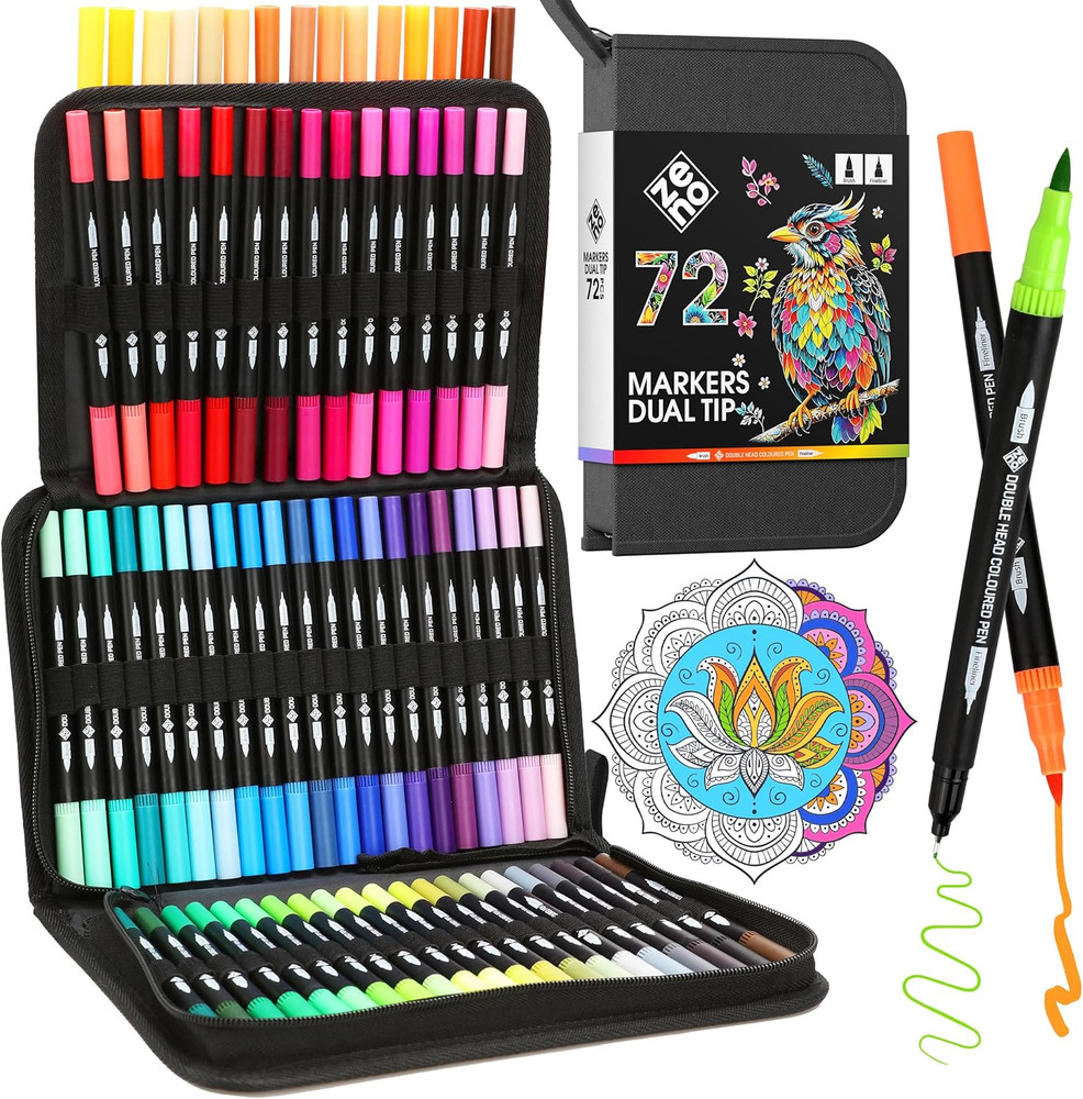 72 Dual Tip Markers Set No-Bleed Art Watercolor Pens with Case for Adults