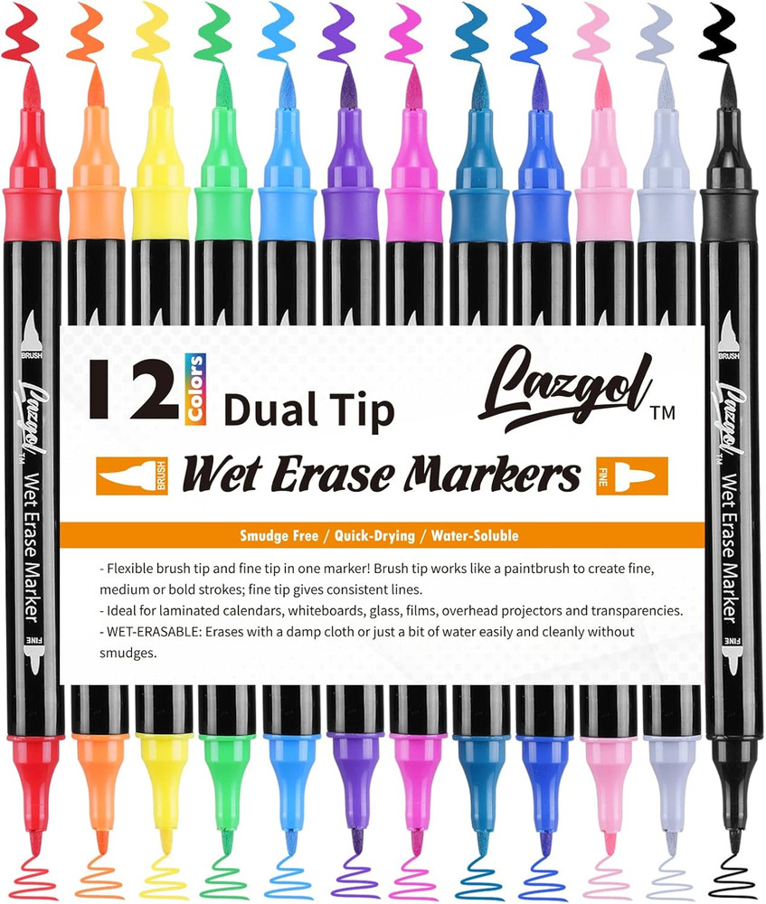 Wet Erase Markers Dual Tip, 12 Assorted Colors, Dual Tip Brush & Fine Overhead