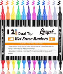 Wet Erase Markers Dual Tip, 12 Assorted Colors, Dual Tip Brush & Fine Overhead