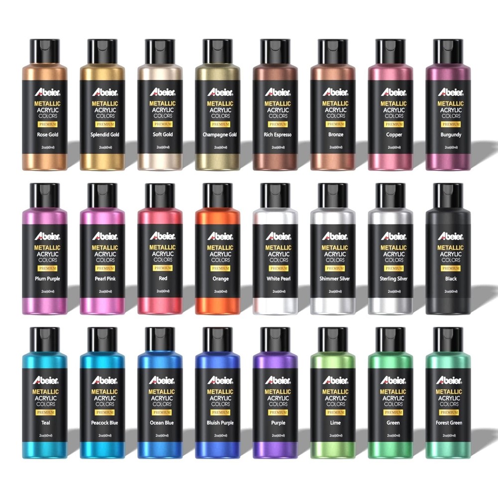 Metallic Acrylic Paint, Set of 24 Metallic Colors in 2oz/60ml Bottle, Rich Pi…