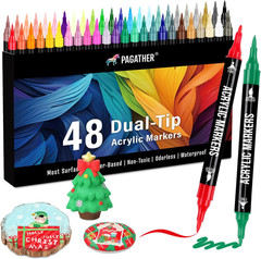 48 Colors Acrylic Paint Markers, Dual Tip w/ Fine Tip & Brush Tip Pens for Stone