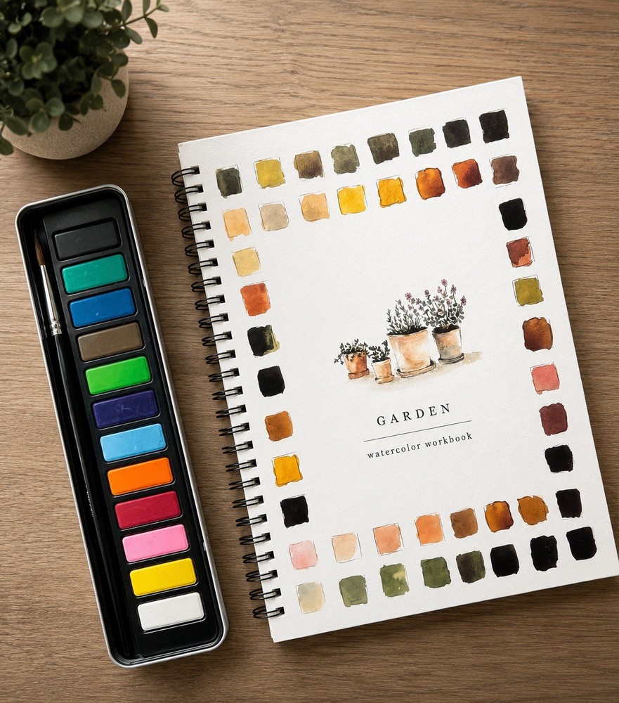 Multicolor Watercolor Set in Metal Tin with Brush + Garden Watercolor Workbook