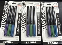 Zebra Shimmering METALLIC INK Marker Medium Brush Pen Blue Green Purple Lot of 3