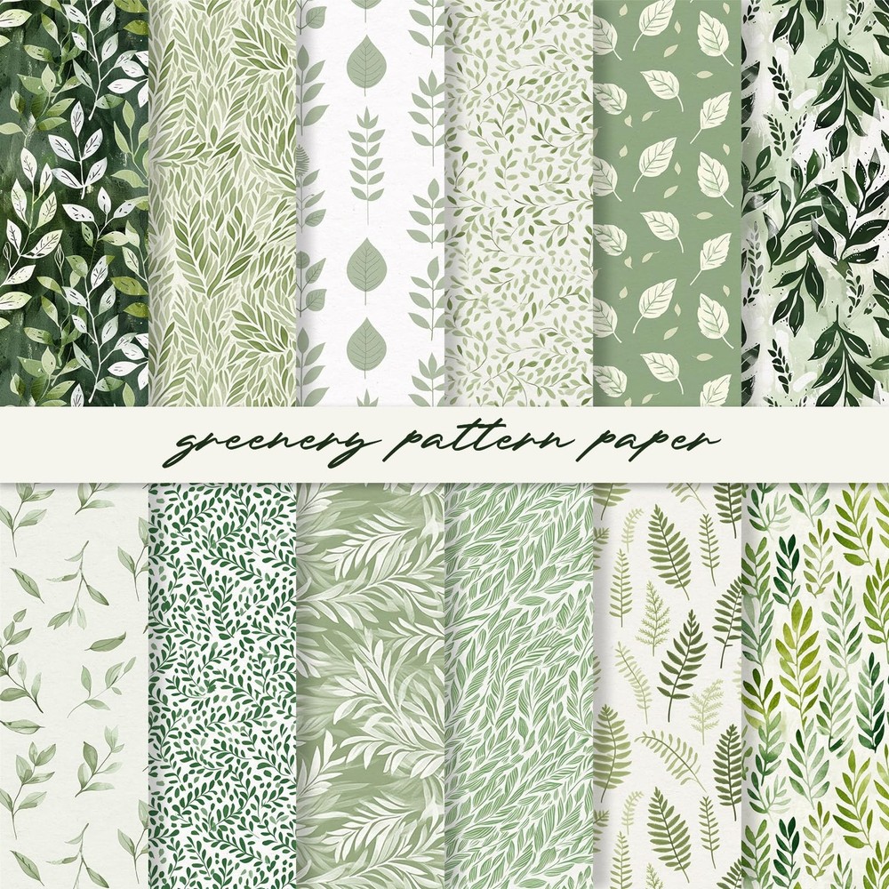 JarThenaAMCS 24 Sheets Greenery Floral Pattern Paper Double Sided Sage Green