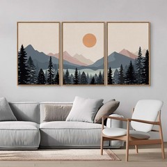 Tinonedraw Boho Mountain Framed Canvas Wall Art Set of 3, Watercolor Nature L…