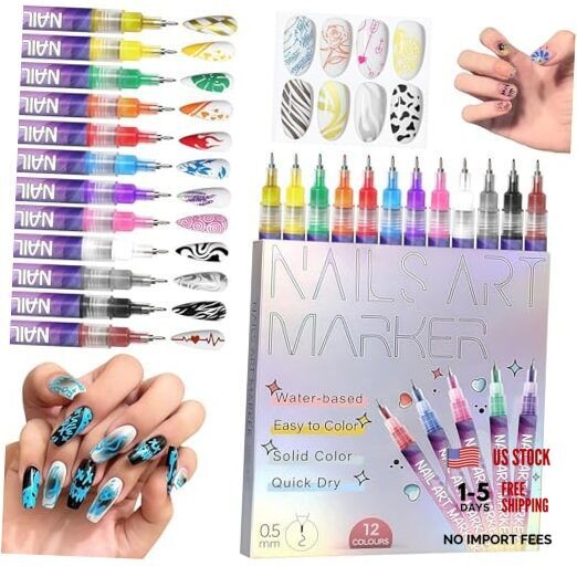 12 Colors 0.5mm Nails Art Marker Pens for Nail Dot Graffiti, Drawing and