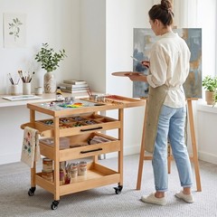 Art Cart, Beech Wood Art Supply Cart Organizer on Wheels for Home Studio