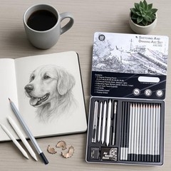 22 PCS Drawing Sketching Pencil Set Graphite Charcoal Art Supplies Metal Box