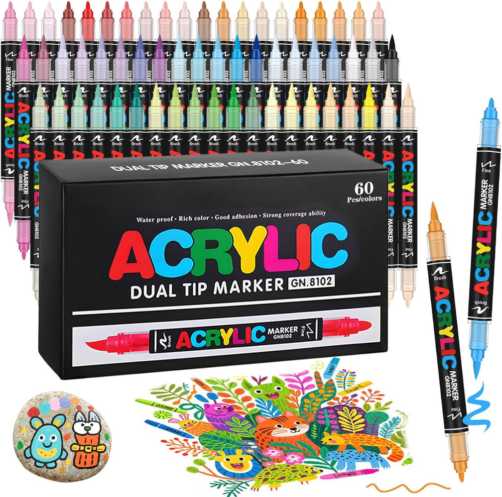 60 Colors Dual Tip Acrylic Paint Pens, 0.5-5MM Brush Tip & 1 MM Fine Tip Acrylic