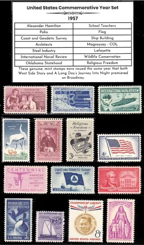 1957 Complete Year Set of Mint Vintage Commemorative U.S. Postage Stamps! MNH