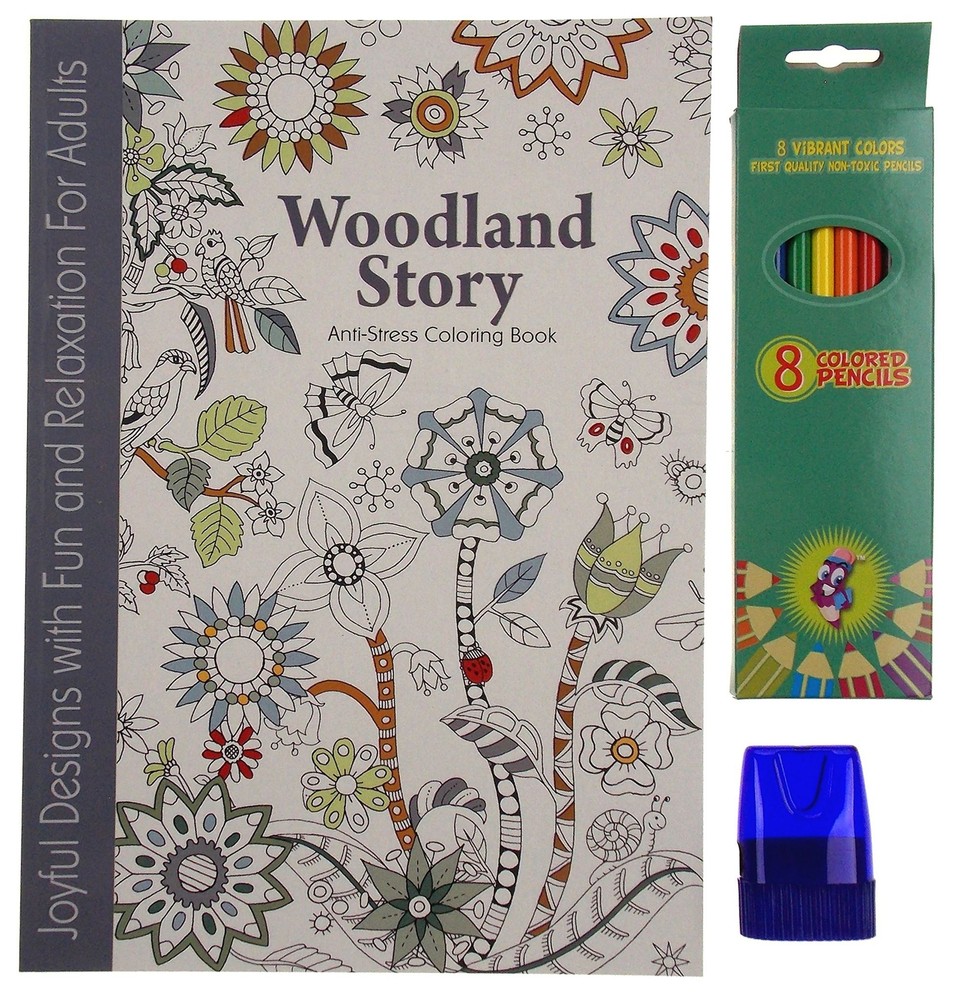 Woodland Story Anti Stress Adult Teen Coloring Book Colored Pencils Sharpener