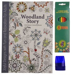 Woodland Story Anti Stress Adult Teen Coloring Book Colored Pencils Sharpener