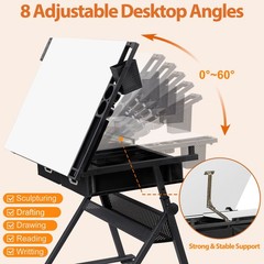 Drafting Table with Wooden Tabletop and Steel Frame Adjustable Height White