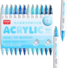 12 Colors Dual Tip Acrylic Paint Markers, Blue Color — Extra Fine & Soft Brus…