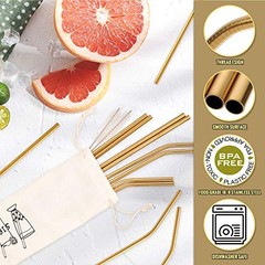 12-Pack Stainless Steel Straws Reusable with Case – Metal Drinking Straws Gold