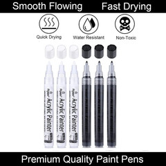 Black Paint Pens, 6 Pack 0.7Mm Acrylic Black Permanent Marker ,White Paint Pens