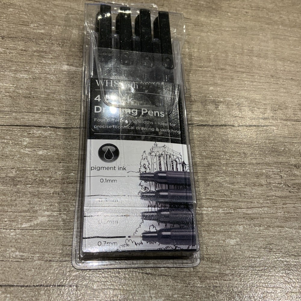 WHSmith black Drawing Pens 4 line widths 0.1-0.7mm nib Pack of 4
