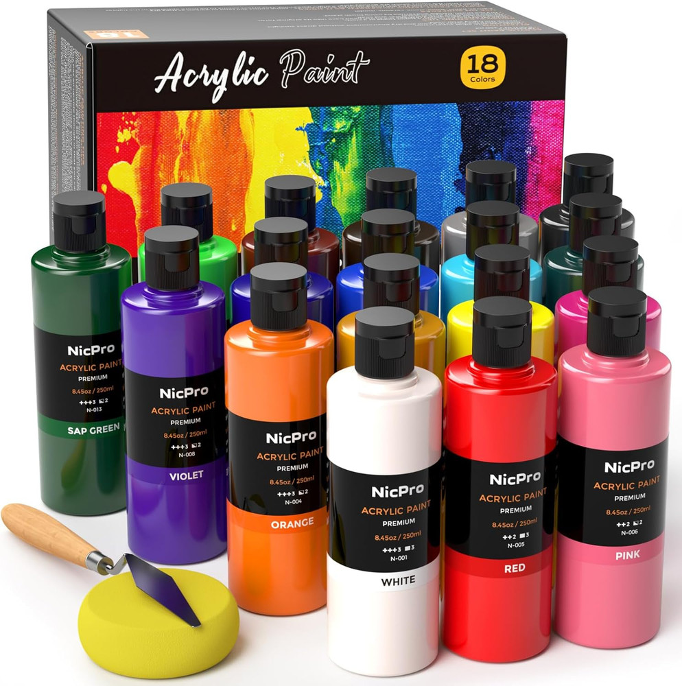 18 Colors Large Acrylic Paint Set, 8.45Oz/250 Ml Artist Painting Supplies Bulk N